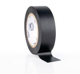 Een rol zwarte PVC tape, 10 meter, met een stukje uitgerold en op het oppervlak geplakt, op een witte achtergrond.