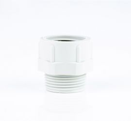 Een lichtgrijze Jacob kunststof reduceerring, met Pg schroefdraad, op een witte achtergrond.