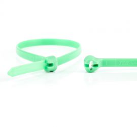 Een groene Ty-Rap® kunststof kabelbinder, naast een uitvergrote sluiting van een andere Ty-Rap® kabelbinder.;De sluiting van een groene Ty-Rap® kunststof kabelbinder uitvergroot, naast een uitvergrote kop van een andere kabelbinder.