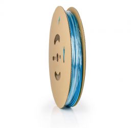 Een lengtestuk blauwe dunwandige krimpkous, H-5(3X)-F, van het merk Hongshang, op een witte achtergrond.;Een rol blauwe dunwandige krimpkous, H-5(3X)-F, 30 meter, van het merk Hongshang.