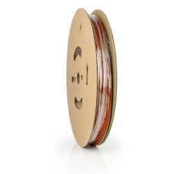 Een rol bruine dunwandige krimpkous, H-5(3X)-F, 150 meter, van het merk Hongshang.;Een lengtestuk bruine dunwandige krimpkous, H-5(3X)-F, van het merk Hongshang, op een witte achtergrond.