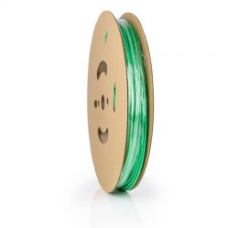 Een lengtestuk groene dunwandige krimpkous, H-5(3X)-F, van het merk Hongshang, op een witte achtergrond.;Een rol groene dunwandige krimpkous, H-5(3X)-F, 150 meter, van het merk Hongshang.