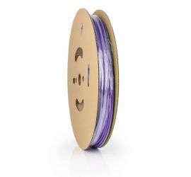 Een lengtestuk paarse dunwandige krimpkous, H-5(3X)-F, van het merk Hongshang, op een witte achtergrond.;Een rol paarse dunwandige krimpkous, H-5(3X)-F, 30 meter, van het merk Hongshang.