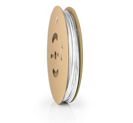 Een lengtestuk witte dunwandige krimpkous, H-5(3X)-F, van het merk Hongshang, op een witte achtergrond.;Een rol witte dunwandige krimpkous, H-5(3X)-F, 30 meter, van het merk Hongshang.