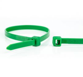 De sluiting van een groene kunststof kabelbinder uitvergroot, naast de kop van een groene kabelbinder, op een witte achtergrond.;Een groene kunststof kabelbinder voor universeel gebruik, en een groene kabelbinderkop, op een witte achtergrond.