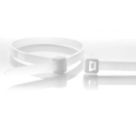 Een naturel kunststof kabelbinder voor universeel gebruik, en een naturel kabelbinderkop, op een witte achtergrond.;De sluiting van een naturel kunststof kabelbinder uitvergroot, naast de kop van een naturel kabelbinder, op een witte achtergrond.