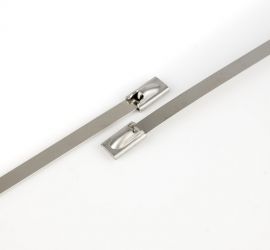 Twee roestvast stalen kabelbinders van AISI 316L staal, ongecoat, op een witte achtergrond.